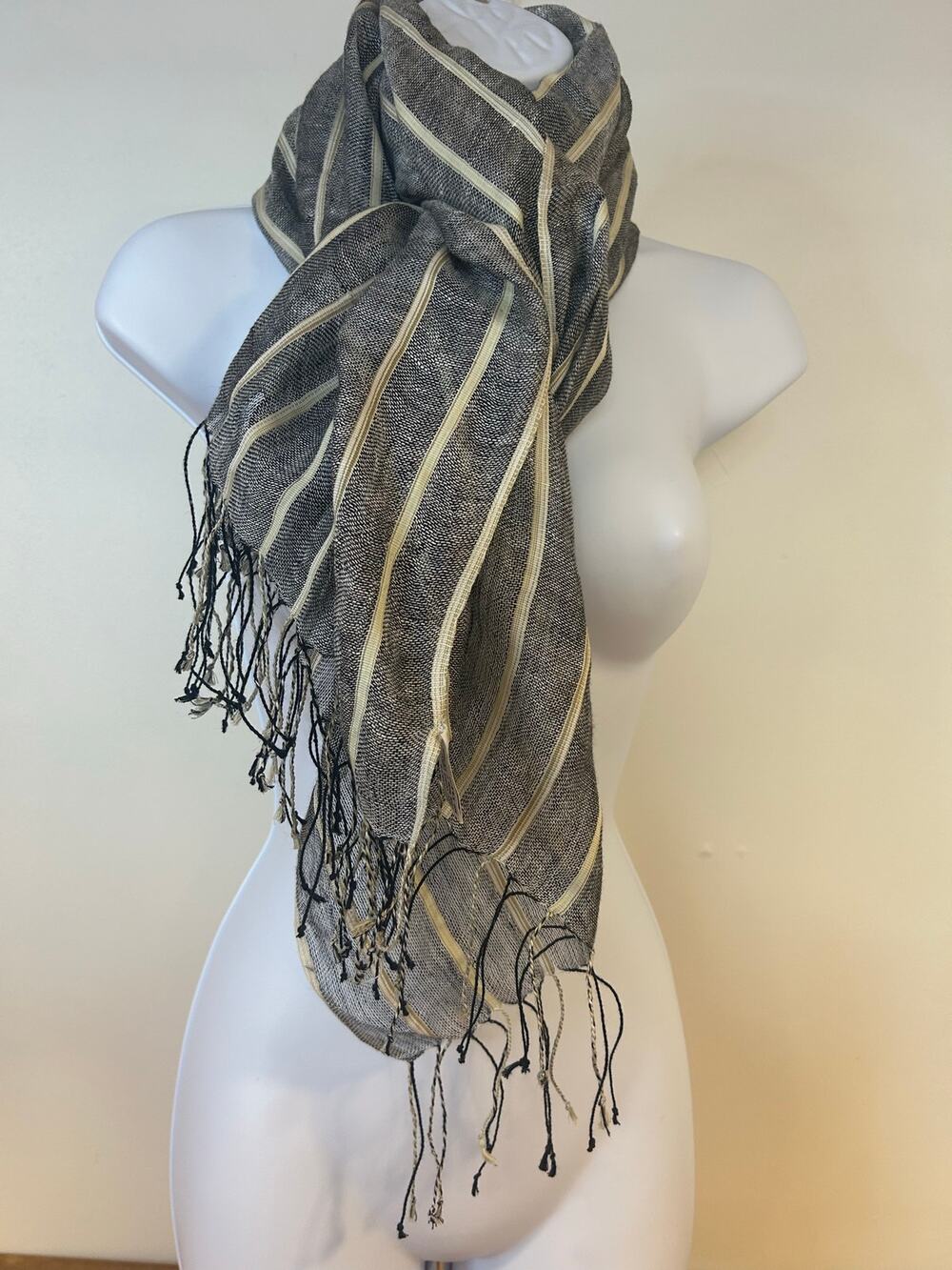 Italca 100% Linen Scarf Eye Lash Hem White Cream Stripped 68” Long Lightweight